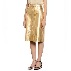 Sandro Paris Gleam Metallic Gold Leather Jean Cut Snap-Down Midi Pencil Skirt
